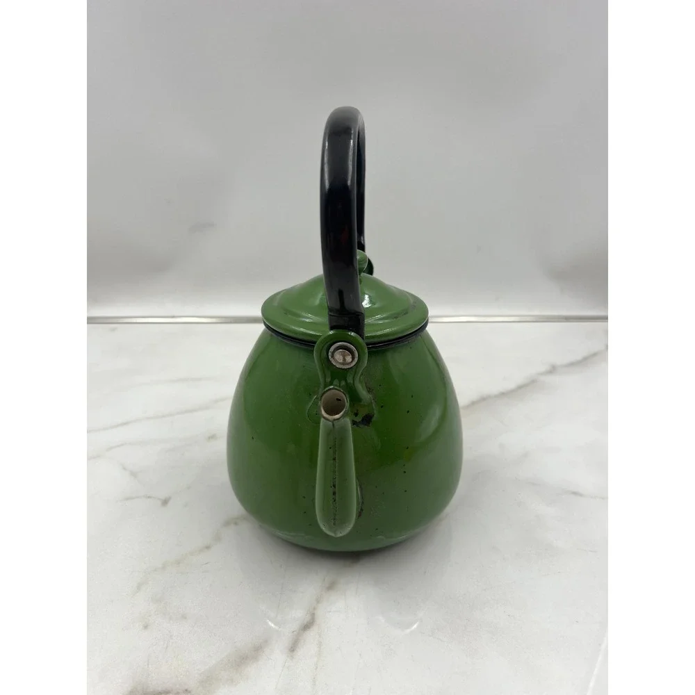 Vintage Green Enamel Teapot Made in Poland Rustic Farmhouse Decor Kettle